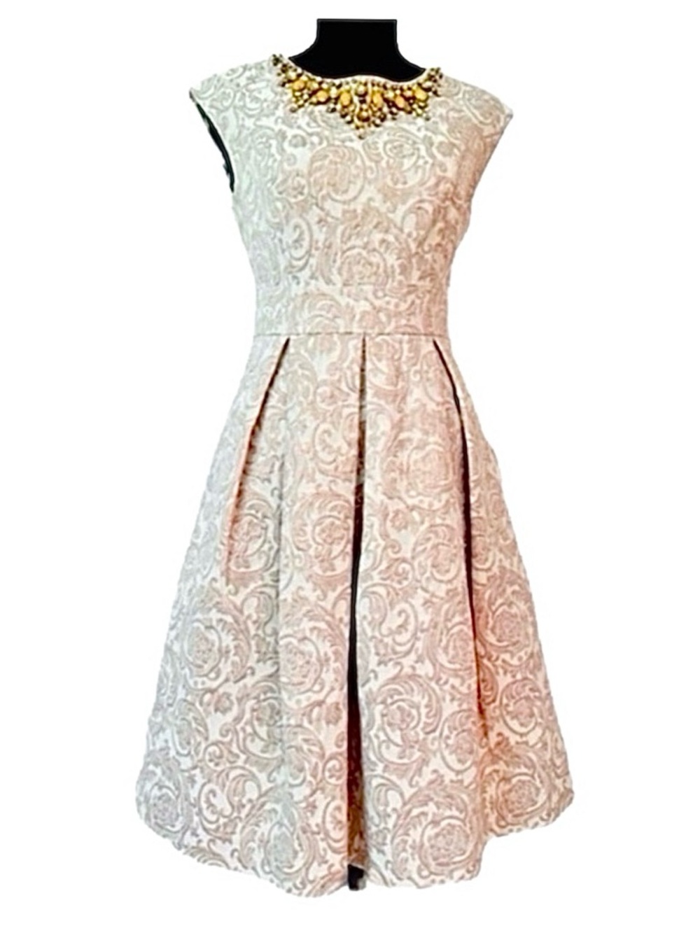 ELIZA J ~ Cream and Gold Jacquard Patterned Dress w/Pockets and Jewel Neckline